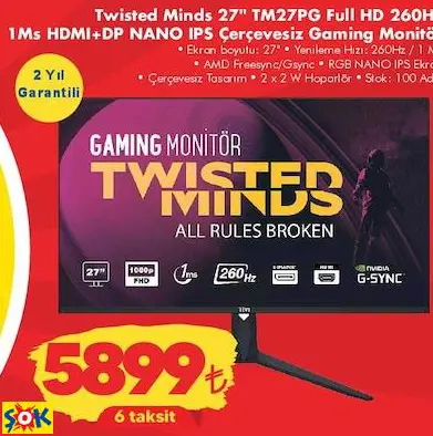 TWİSTED MİNDS 27 TM27PG FULL HD 260HZ 1MS HDMI+DP NANO IPS ÇERÇEVESİZ GAMİNG MONİTÖR/OYUN MONİTÖRÜ